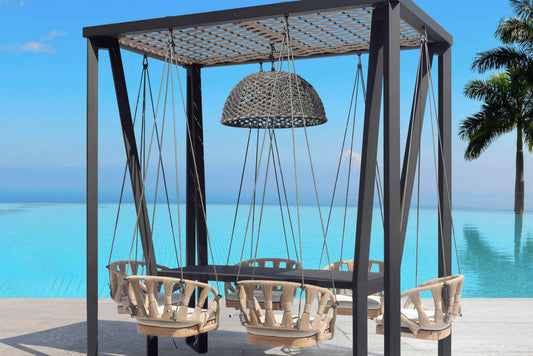 Horizon 8FT Pergola with Lamp, Krabi Hanging Chairs & Aluminum Table
