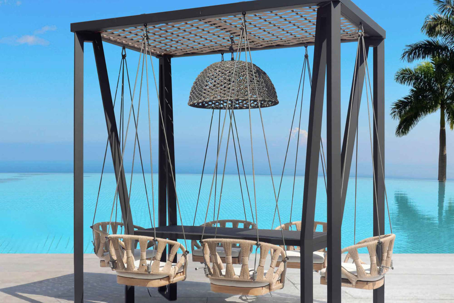 Horizon 8FT Pergola with Lamp, Krabi Hanging Chairs & Aluminum Table