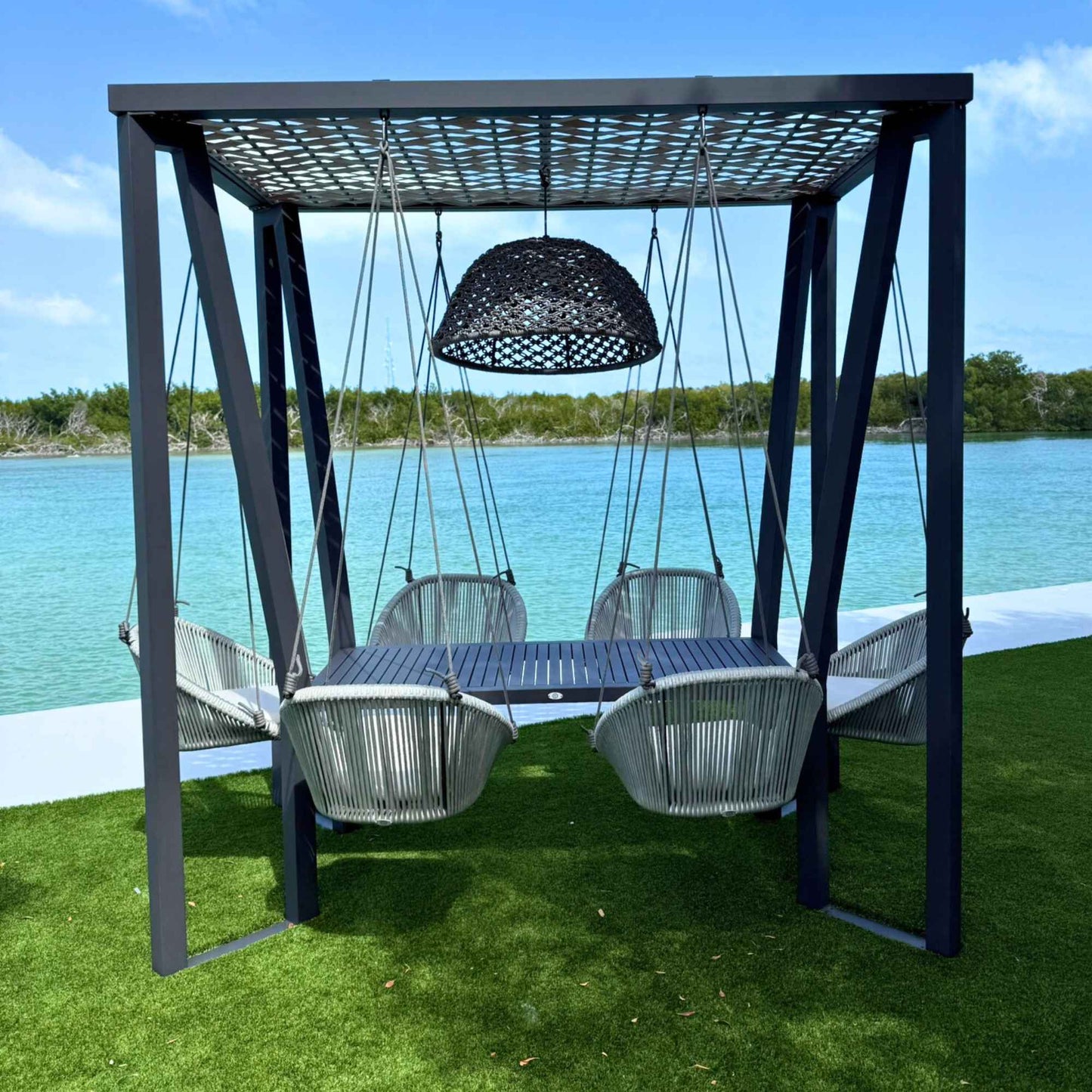 Horizon 8FT Pergola with Lamp, Rodona Hanging Chairs & Aluminum Table