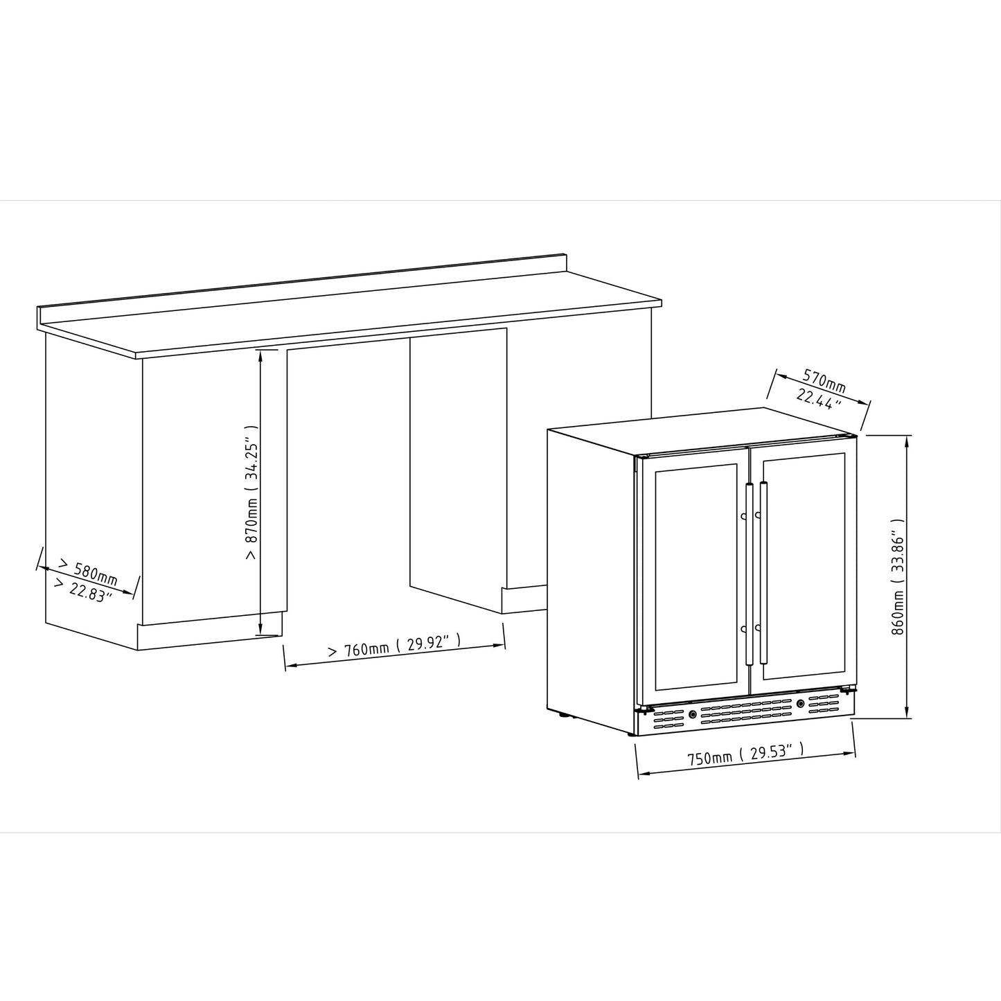 30-inch Wide Undercounter Beverage Fridge with Low-E Glass Door