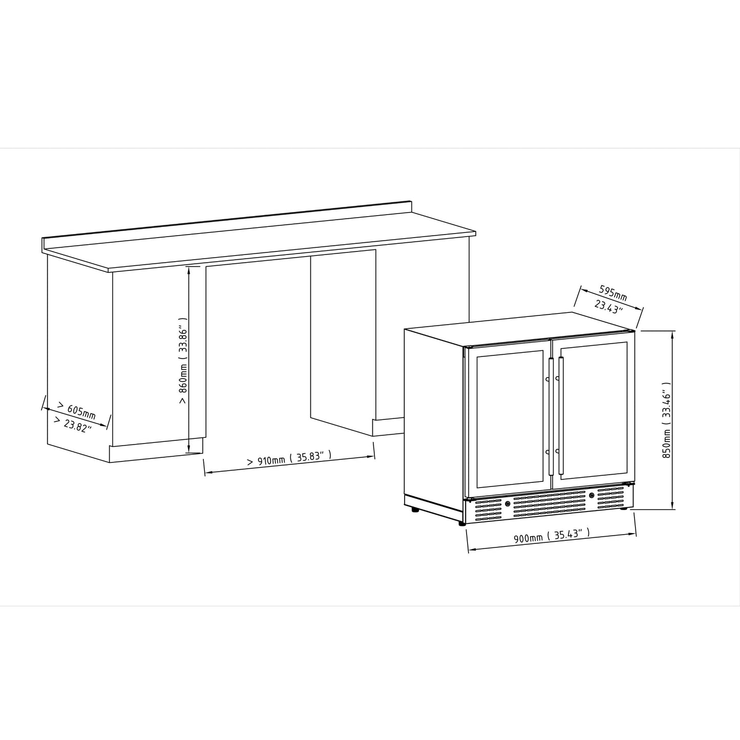 36-inch Under Bench Dual-Zone Wine Cooler with Low-E Glass Door