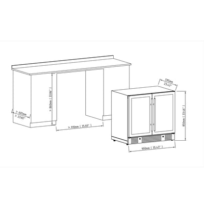 36-inch Under Bench Dual-Zone Wine Cooler with Low-E Glass Door
